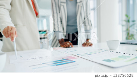 Women, hands, coffee and discussion with documents, reading or analysis for report in workplace. Partnership, coaching and paperwork at desk for proposal, compliance or research in financial agency 138756529