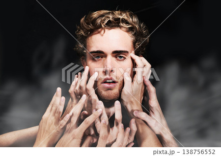 Portrait, drug addict and man with hands in studio isolated on a black background. Face, smoke and person intoxicated, substance abuse and hallucination, fantasy and sick with depression or anxiety 138756552