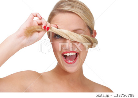 Silly, blonde and woman portrait for beauty, cosmetics and hair care with smile in a studio. Happy, fun and ponytail blindfold with wellness, makeup and glow treatment with shine and white background 138756789