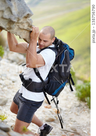 Man with backpack, rock climbing and hiking adventure in mountain with nature, freedom and power. Travel, trekking and hanging, strong person in countryside on natural outdoor journey with fitness. Man with backpack, rock climbing and hiking adventure in mountain with nature, freedom and power. Travel, trekking and hanging, strong person in countryside on natural outdoor journey with fitness. 138756790