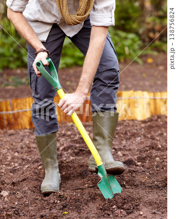 Hands, shovel and man digging the soil, dirt or ground in garden and backyard. Gardening, agriculture or person with spade to dig on a farm, environment and start of planting in spring or nature Hands, shovel and man digging the soil, dirt or ground in garden and backyard. Gardening, agriculture or person with spade to dig on a farm, environment and start of planting in spring or nature 138756824