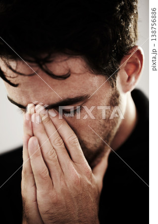 Man, sad or depressed with mental health and praying, stress or burnout, thinking of financial or life crisis with worship. Forgiveness, hands in prayer and trauma, bankruptcy or debt with depression Man, sad or depressed with mental health and praying, stress or burnout, thinking of financial or life crisis with worship. Forgiveness, hands in prayer and trauma, bankruptcy or debt with depression 138756886