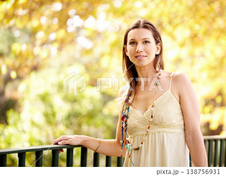 Woman, portrait and nature for garden by tree, sunshine holiday and eco friendly countryside. New york, smile and relax face with trendy fashion for travel, wellness and sustainability central park Woman, portrait and nature for garden by tree, sunshine holiday and eco friendly countryside. New york, smile and relax face with trendy fashion for travel, wellness and sustainability central park 138756931