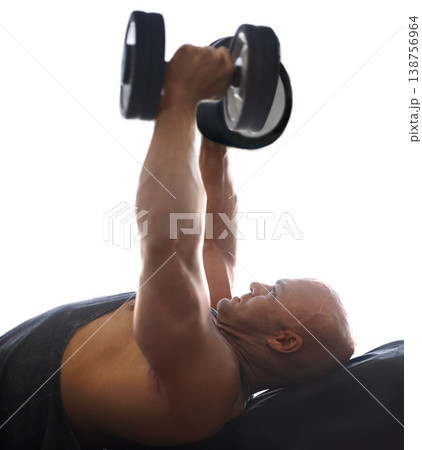 Dumbbell, man and fitness with arm strength, power and muscle exercise for health and wellness. White background, studio and male athlete with strong bodybuilder and gym workout for sport training 138756964