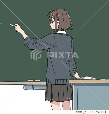 黒板の前でチョークを手に持ち説明を行う人物を描いたイラスト、学校や教育現場の雰囲気を感じさせる 黒板の前でチョークを手に持ち説明を行う人物を描いたイラスト、学校や教育現場の雰囲気を感じさせる 138757081