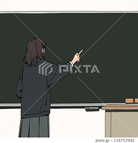 黒板の前でチョークを手に持ち説明を行う人物を描いたイラスト、学校や教育現場の雰囲気を感じさせる 黒板の前でチョークを手に持ち説明を行う人物を描いたイラスト、学校や教育現場の雰囲気を感じさせる 138757082