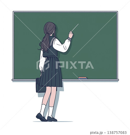 黒板の前でチョークを手に持ち説明を行う人物を描いたイラスト、学校や教育現場の雰囲気を感じさせる 138757083