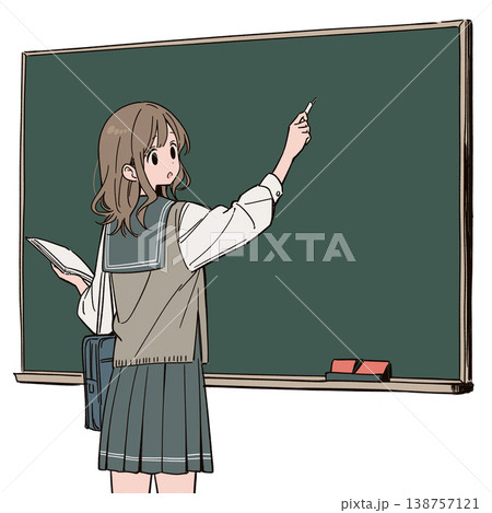 黒板の前に立ちチョークを持って説明を始める人物を描いたイラスト、授業やプレゼンテーションの雰囲気 138757121