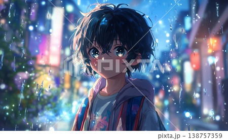 Detailed Anime Boy with Messy Black Hair in City Night Scene with Floating Particles and Neon Lights 138757359
