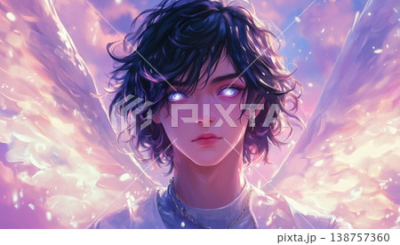 An ethereal, anime-style digital painting of a handsome young man with dark, messy hair and glowing blue eyes, possessing large, iridescent angel wings against a soft, pink and purple magical sky 138757360