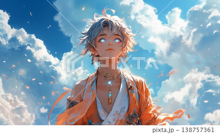 Celestial Anime Boy with Radiant Blue Glowing Eyes and Flowing Orange Robes in a Cloud-Filled Sky 138757361