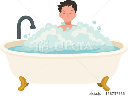 bath time hygiene concept cartoon man in bathtub with soap bubbles. bathroom lifestyle and personal care theme 138757386