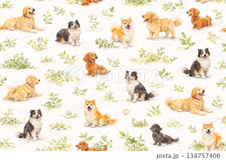 犬シリーズ:犬と草花のナチュラルパターン 犬シリーズ:犬と草花のナチュラルパターン 138757406