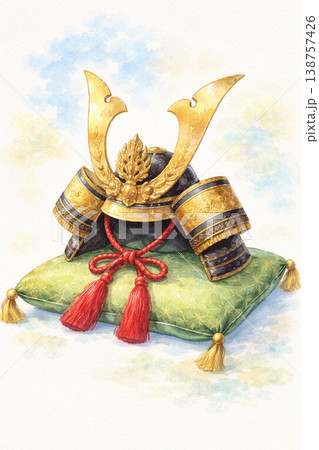 こどもの日シリーズ：中央に配した兜飾り 138757426