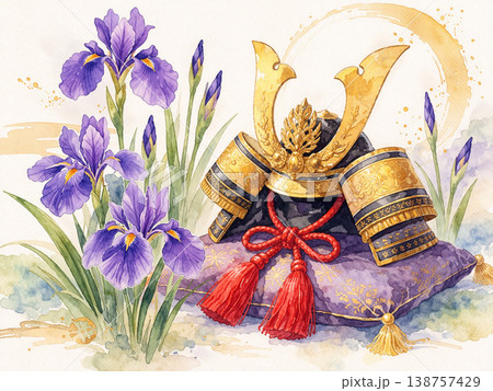 こどもの日シリーズ：菖蒲と兜の和風風景 138757429