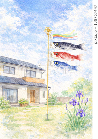 こどもの日シリーズ:庭の鯉のぼりと家の風景 こどもの日シリーズ:庭の鯉のぼりと家の風景 138757447