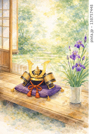 こどもの日シリーズ：縁側の兜と菖蒲の静止画 138757448
