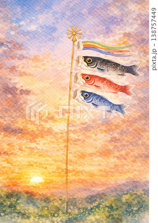 こどもの日シリーズ:夕焼け空を泳ぐ鯉のぼり こどもの日シリーズ:夕焼け空を泳ぐ鯉のぼり 138757449