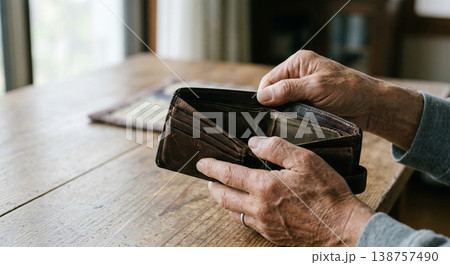 空の財布を見つめる高齢者の手元のクローズアップ 138757490