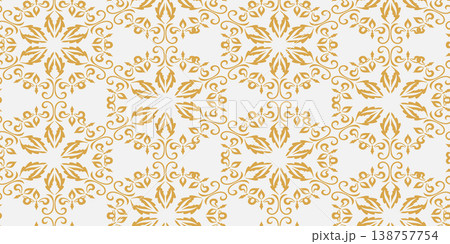 Elegant seamless vector pattern with gold floral filigree and damask motifs. Perfect for luxury branding, wedding invitations, and premium wallpaper. Elegant seamless vector pattern with gold floral filigree and damask motifs. Perfect for luxury branding, wedding invitations, and premium wallpaper. 138757754