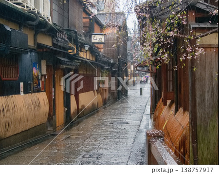 雨の日の祇園白川巽橋から切通し 138757917