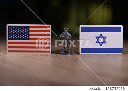 A tin soldier on the background of the flags of the United States and Israel. A tin soldier on the background of the flags of the United States and Israel. 138757986