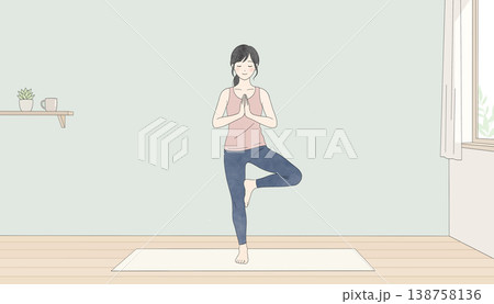 明るい室内でヨガの木のポーズをとる若い女性のイラスト。マインドフルネス、健康習慣 138758136
