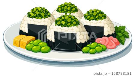 Vector illustration of Japanese onigiri rice balls topped with pickled mustard greens (takana) Vector illustration of Japanese onigiri rice balls topped with pickled mustard greens (takana) 138758181