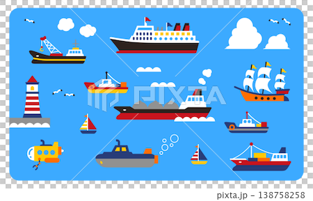かわいい海の乗り物セット 船 ヨット 潜水艦 灯台 イラスト素材 138758258