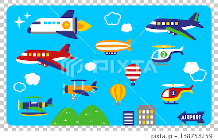 かわいい空の乗り物セット 飛行機 ヘリコプター 気球 飛行船 イラスト素材 かわいい空の乗り物セット 飛行機 ヘリコプター 気球 飛行船 イラスト素材 138758259