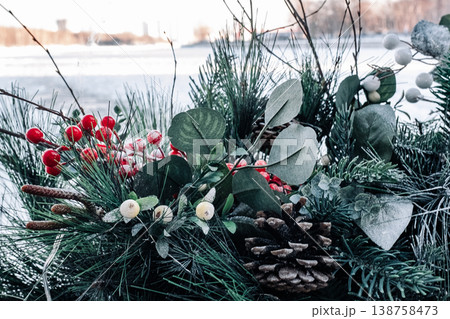 Christmas and New Year decorations on the window on a frosty winter day. 138758473