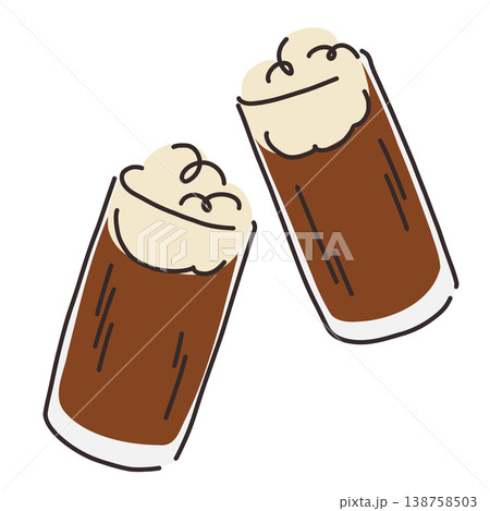 Stylized glass glasses with foaming brown liquid, carbonated cola, fernet, kvass with foam for menu 138758503