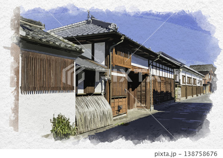 水彩画風　臼杵　二王座歴史の道　旧稲葉家長屋門　大分県臼杵市 138758676