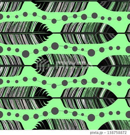 simple seamless pattern of black and gray bird feathers and beads on a green background, texture 138758872