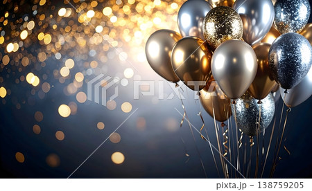 Gold and silver balloons with sparkling bokeh lights on dark background 138759205