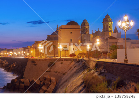 Cadiz waterfront promenade with cathedral at blue hour, Andalusia, Spain Cadiz waterfront promenade with cathedral at blue hour, Andalusia, Spain 138759248