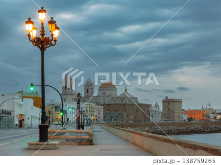 Cadiz waterfront promenade with cathedral at blue hour, Andalusia, Spain 138759265