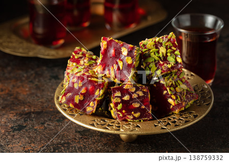 Traditional Turkish delights and black tea. Traditional Turkish delights and black tea. 138759332
