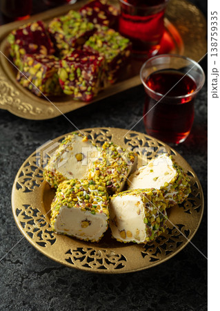 Traditional Turkish delights and black tea. 138759335