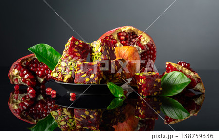 Turkish pomegranate delight with pistachio and pieces of fresh pomegranate. Turkish pomegranate delight with pistachio and pieces of fresh pomegranate. 138759336