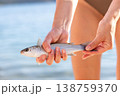 Hands hold freshly caught silver fish above calm sea water during warm summer vacation at beach. Natural coastal fishing moment marine wildlife sunlight reflections texture scales fins closeup detail 138759370