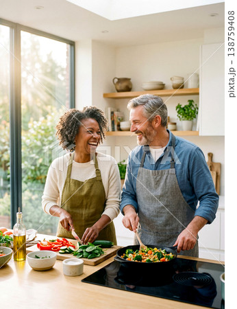 Happy mature diverse couple wearing aprons laughing together while cooking healthy fresh vegetables in a bright modern home kitchen with morning sunlight. 138759408