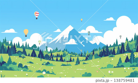 青空の下で気球がふわりと浮かぶ広大な草原と高い山を描いた開放感あふれる風景のイラスト。 138759481