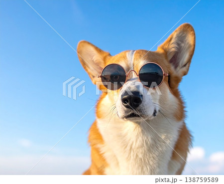 青空と白い雲を背景にサングラスをかけたコーギー 138759589