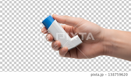 Hand holding standard blue asthma inhaler metered-dose inhaler, representing respiratory relief, lung health, and asthma management Hand holding standard blue asthma inhaler metered-dose inhaler, representing respiratory relief, lung health, and asthma management 138759620