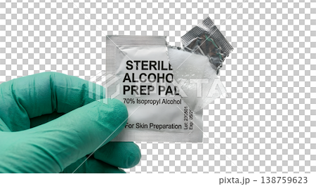 Gloved hand in medical glove holding sterile alcohol prep pad, representing skin antisepsis, injection preparation, and clinical hygiene 138759623