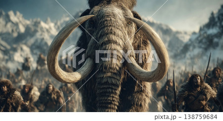 Mammoth hunt in primeval mountains with primitive people ready to attack Mammoth hunt in primeval mountains with primitive people ready to attack 138759684