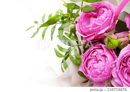 Close-up bouquet of pink peony roses with green leaves in elegant packaging. Botanical background with copy space. A floral gift for a special occasion. Close-up bouquet of pink peony roses with green leaves in elegant packaging. Botanical background with copy space. A floral gift for a special occasion. 138759876