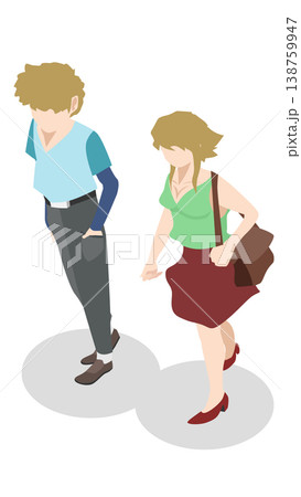 Isometric vector Vertical illustration of a young man and woman asia walking together. Flat design people characters isolated on white background.nd. 138759947