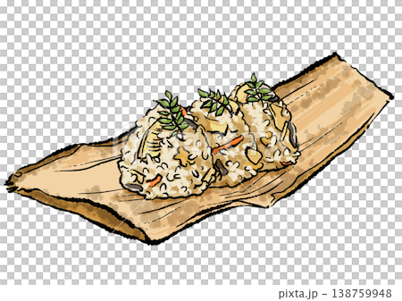 竹皮に乗せたたけのこご飯のおにぎり　手描き筆タッチのイラスト 138759948